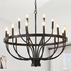 HHR 18-Light Farmhouse Foyer Chandelier Entryway High Ceiling 32 Inch, Modern Black Chandelier for Dining Room, Candle Light Fixtures for Bedroom Hallway Kitchen Living Room
