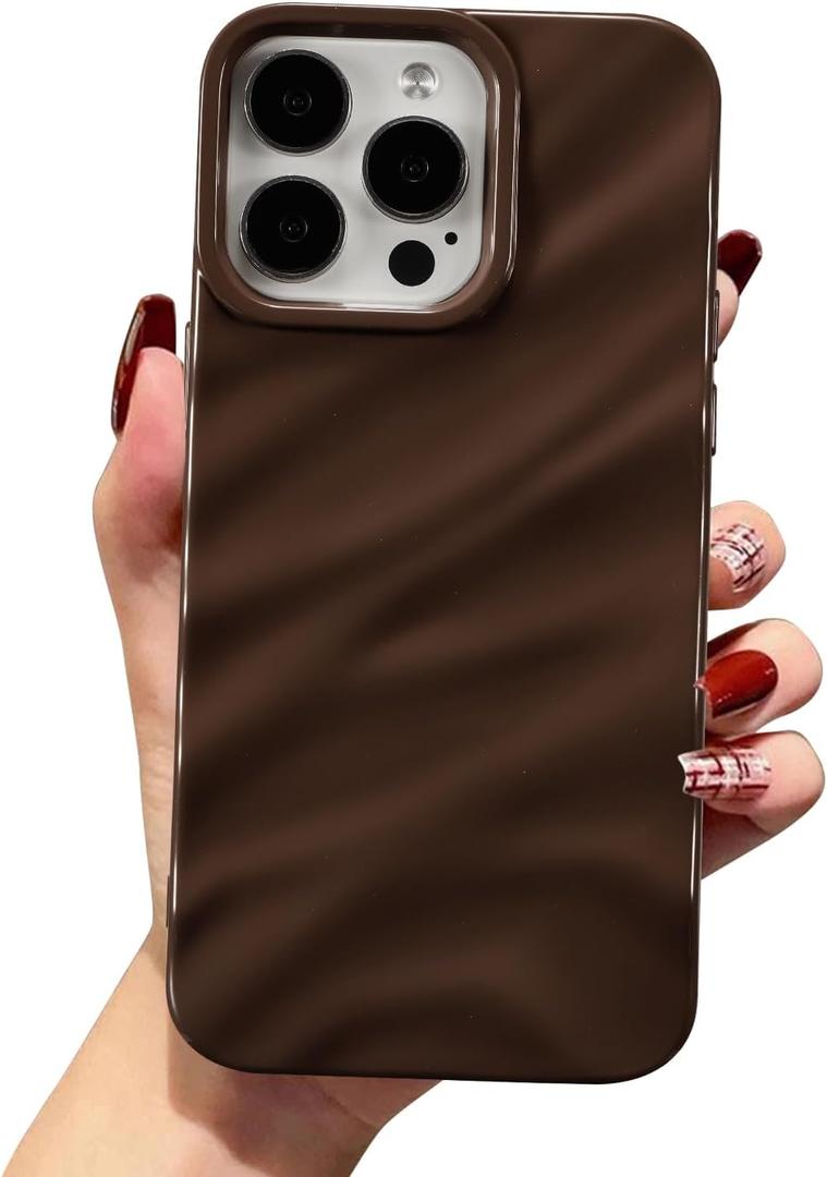 QLTYPRI Compatible with iPhone 13 Pro Max Case, Cute Wave Water Ripple Pattern Case for Girls Women, Slim Satin Glossy Soft Silicone TPU Bumper Shockproof Protective Phone Cover - Dark Brown