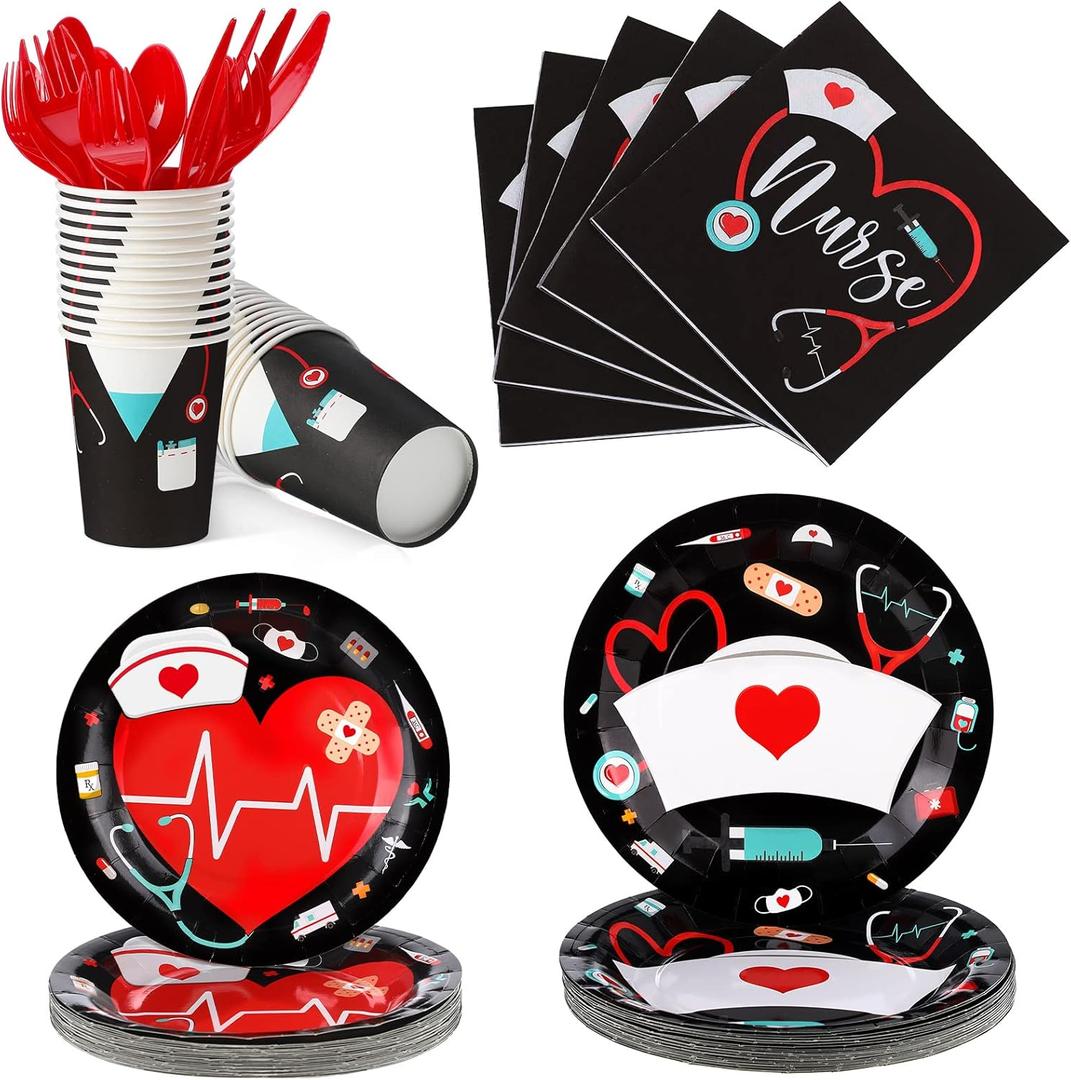 Yisong 168 Pcs Nurse Graduation Party Decorations, Doctor Medical Birthday Tableware Set 24 Guests Dinner Dessert Plates Cups Napkins for Doctors Day Nursing School Office Party Supplies(Black)