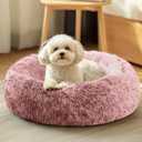 JOLLYVOGUE Calming Dog Bed Medium Size Dog, Anti-Anxiety Donut Medium Pet Bed, 27 inches Fluffy Faux Fur Round Cat Bed (Peach Pink)