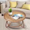 FINECASA Boho Rattan Coffee Table Round, Handwoven Modern Style Round Wicker Coffee Table for Living Room,32x18 '' Brown (Center)