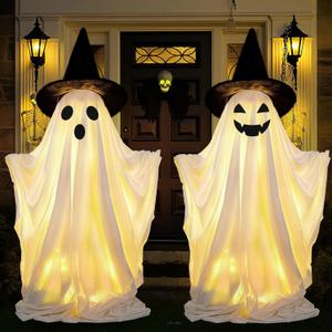 Roberly 2 Packs Halloween Decorations Outdoor Indoor, Spooky Ghost Decor with Witch Hat LED Lights Battery Operated Timer for Yard Front Porch Lawn Mantel Party Home