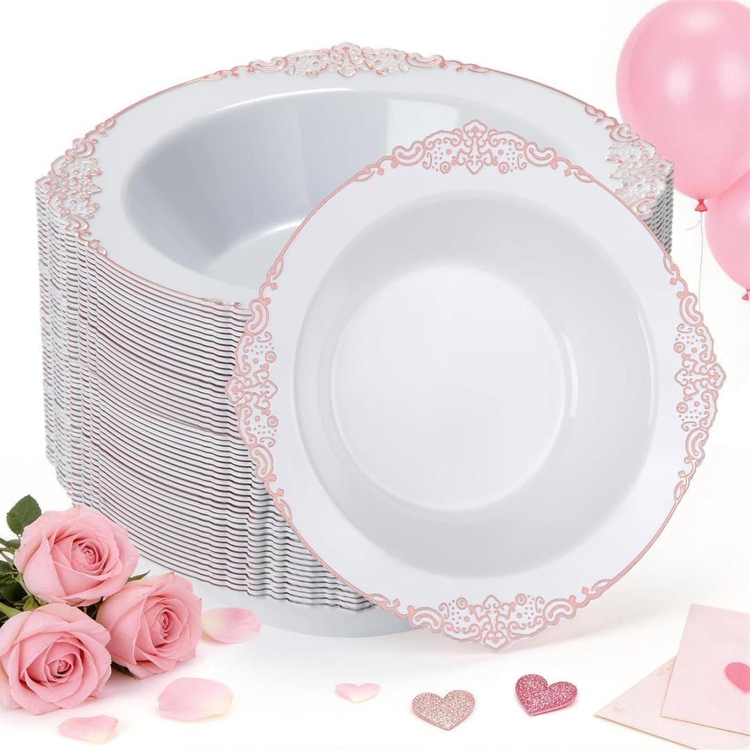 Bestluck 100 Pack White Plastic Bowls with Rose Gold Relief Rim, 12oz Plastic Salad Bowl, Disposable Bowls for Party, Dinners, Weddings, Christmas, Thanksgiving, Valentine's Day