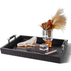 Faux Leather Rectangle Serving Tray with Handles, Large Decorative Tray for Ottoman Coffee Table Decor Living Room, Kitchen, Bathroom, 16x12inches (Dark Brownish Red)