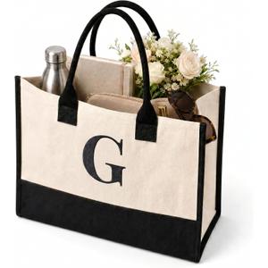 2 x Salt Earth Canvas Tote Bag for Women, Personalized Initial Monogram Tote, Beach Grocery Utility Tote for Travel & Work