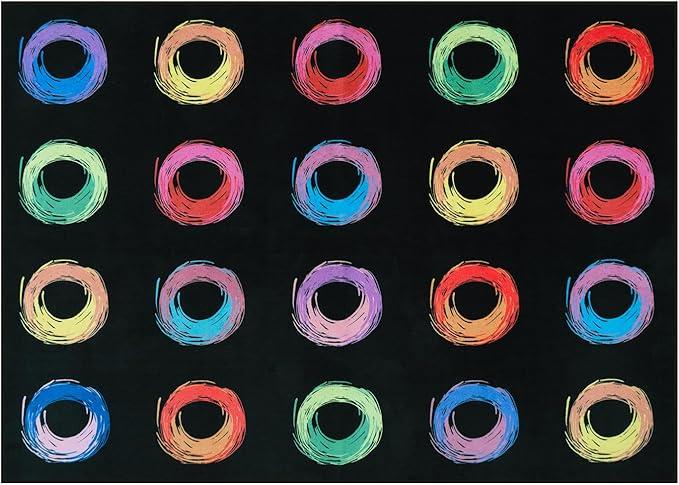STARUIA Big Classroom Rug Educational Area Rug for Kids Room, 7.5x13 Abstract Black Carpet with Colorful Handpainted Circles, Stain-Resistant High-Traffic Kids Playroom Rugs for Elementary