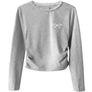 RoseSeek Girl's Bow Embroidery Long Sleeve T Shirts Lace Trim Crew Neck Ruched Cute Tee Tops Fall Clothes (Gray)