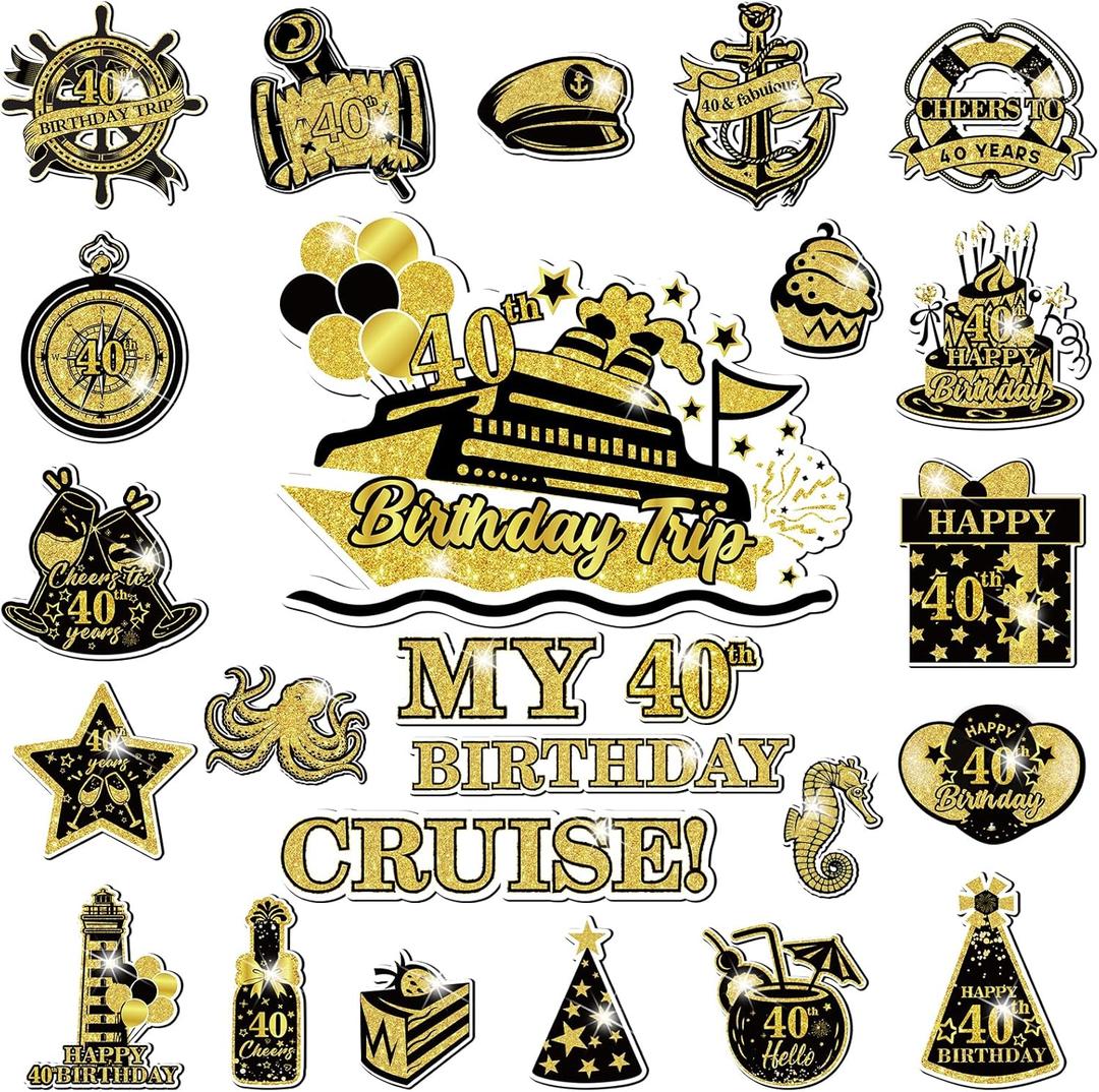 40th Birthday Cruise Door Magnets Decorations, Gold Black Happy 40th Birthday Cruise Ship Door Decor Magnetic for 40th Men Women Anniversary Party Supplies Favors Door Refrigerator Fridge Car Kitchen