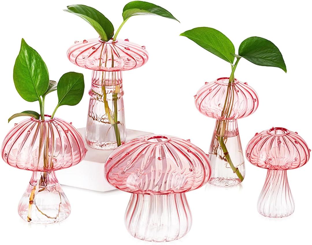 Hewory Mushroom Jars for Plants, 5pcs Pink Glass Mushroom Bud Vase for Flowers, Unique Plant Propagation Stations Propagating Vases Decor, Mini Cute Hydroponic Terrarium Planter for Indoor Planters