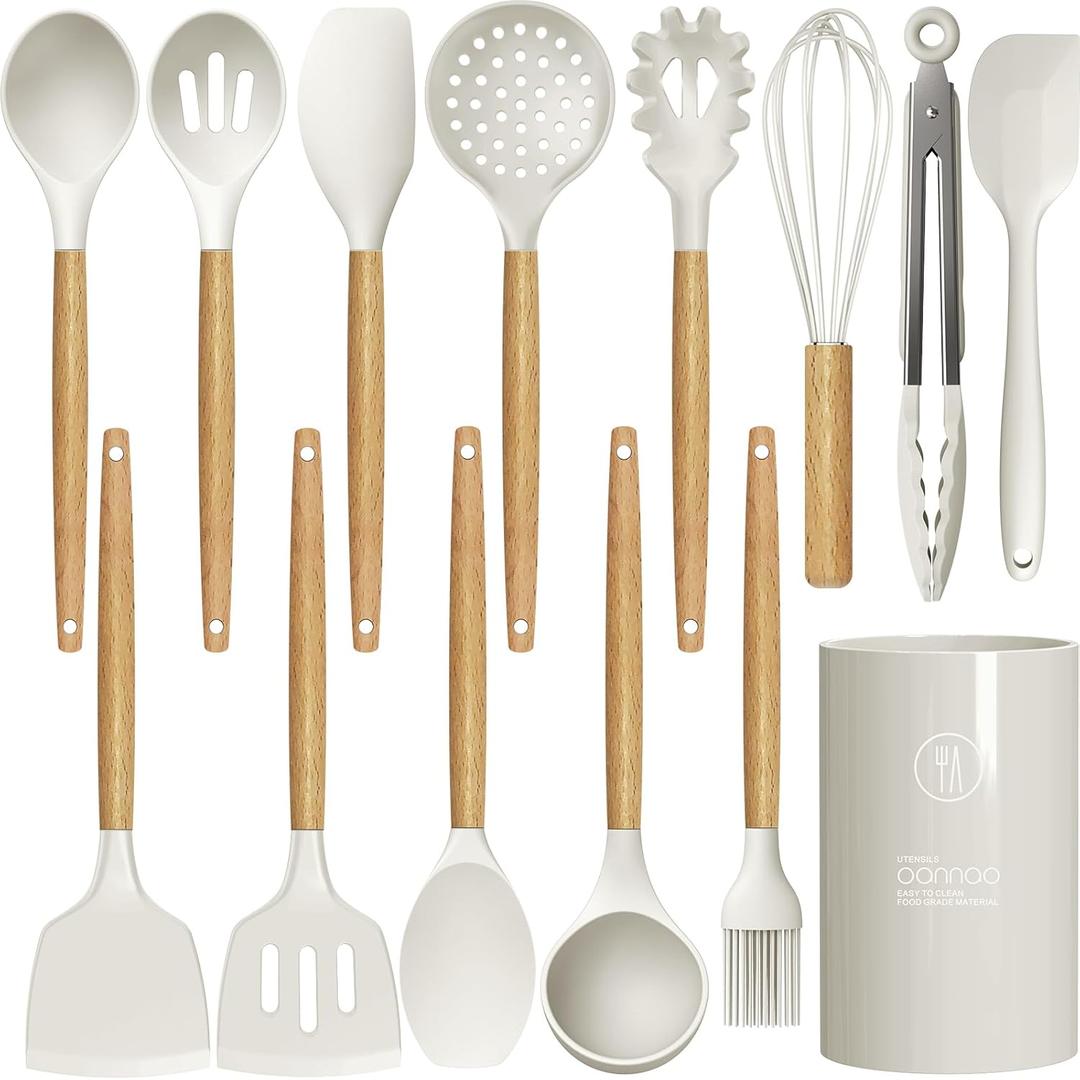 oannao Silicone Cooking Utensils Set - 446F Heat Resistant Silicone Kitchen Utensils for Cooking,Kitchen Utensil Spatula Set w Wooden Handles and Holder for Non-Stick Cookware (Cream White)