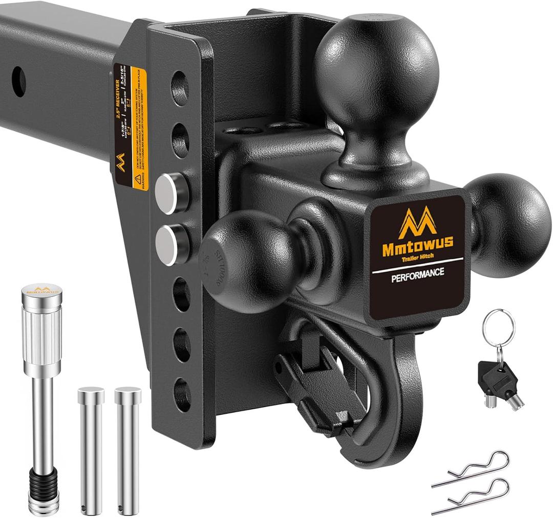 Adjustable Trailer Hitch - Drop Hitch -Tri Ball Mount w/Hook (1-7/8'', 2''&2-5/16''), Fits 2.5-Inch Receiver, 6'' Drop/Rise 15,000 LBS GTW Tow Hitch, 3 Ball Hitches for Trucks, RV, Camper etc