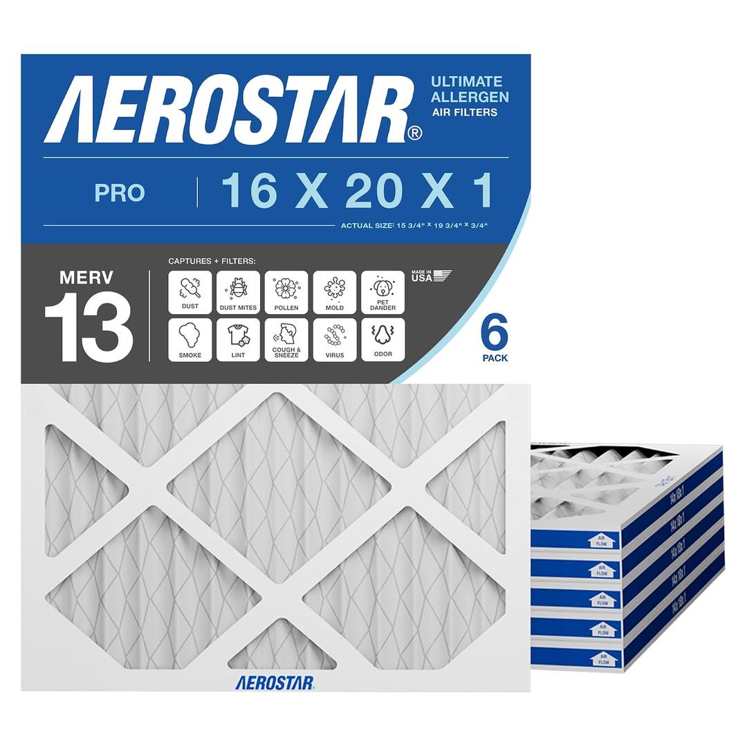 Aerostar 16x20x1 MERV 13 Air Filter, 6 Count, ACTUAL SIZE (15.50 x 19.50 x 0.75 ), HVAC, Air Conditioning & Furnace Filter for Allergies, Dust, Pet Dander & Smoke (MPR 1500 / FPR 10), Made in USA