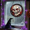 Stained Glass Window Hanging - Halloween Decorations White Skeleton Suncatcher for Doors Garden Indoor Spooky Funny Red Sun Catchers Gothic Decor Horror Gifts for Women Men Friend 6.3 in (Orange and Red)