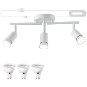 Dimmable 3 Light White Plug in Track Light White Plug in Ceiling Lighting Fixture with 16.4' Long Cord,3 Way Ceiling Spotlight,Rotatable Wall Mount Light Head,LED dimmable Spot Bulbs Included