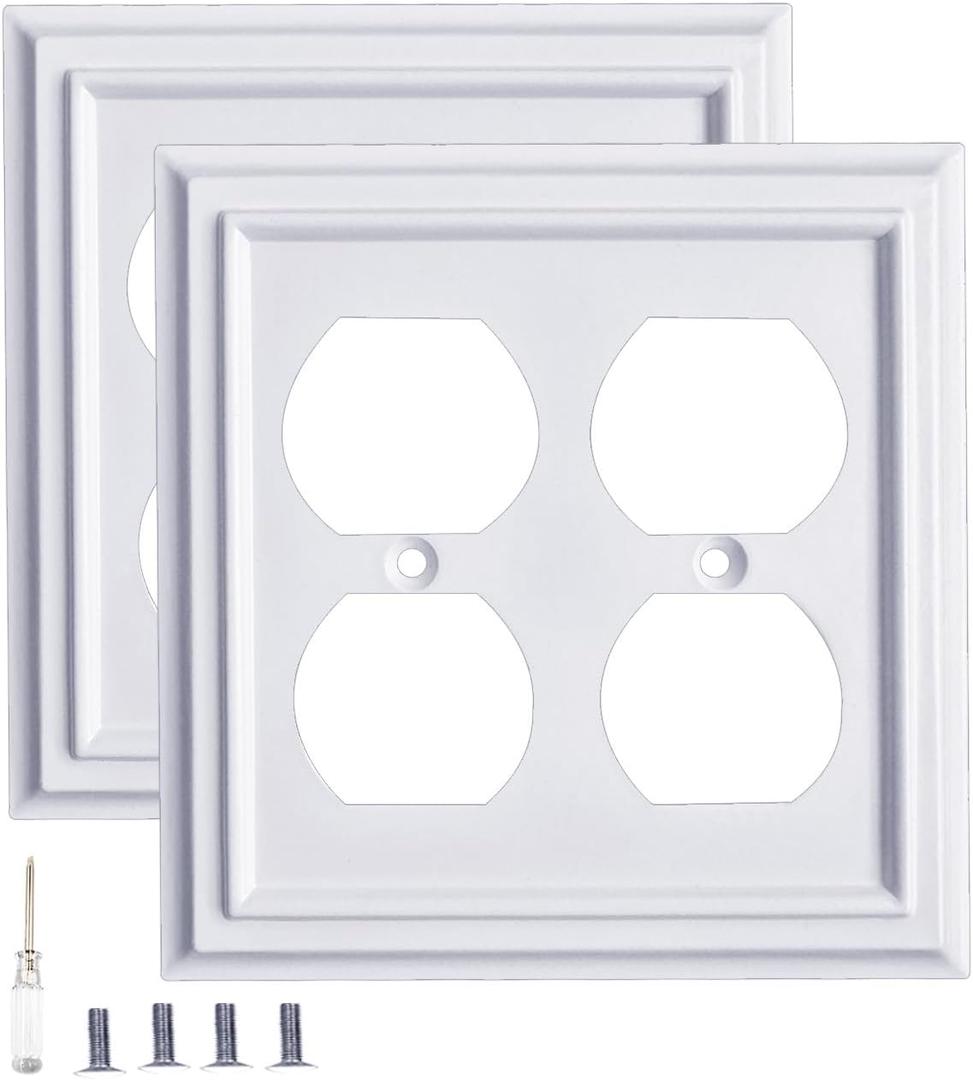 Pure White Decorative Outlet Covers Wall Plates, Bamboo Fiber Light Switch Covers, Natural Material Electric Receptacle Switch Plate Outlet Cover of various styles (2 Gang Duplex 2 Pack)