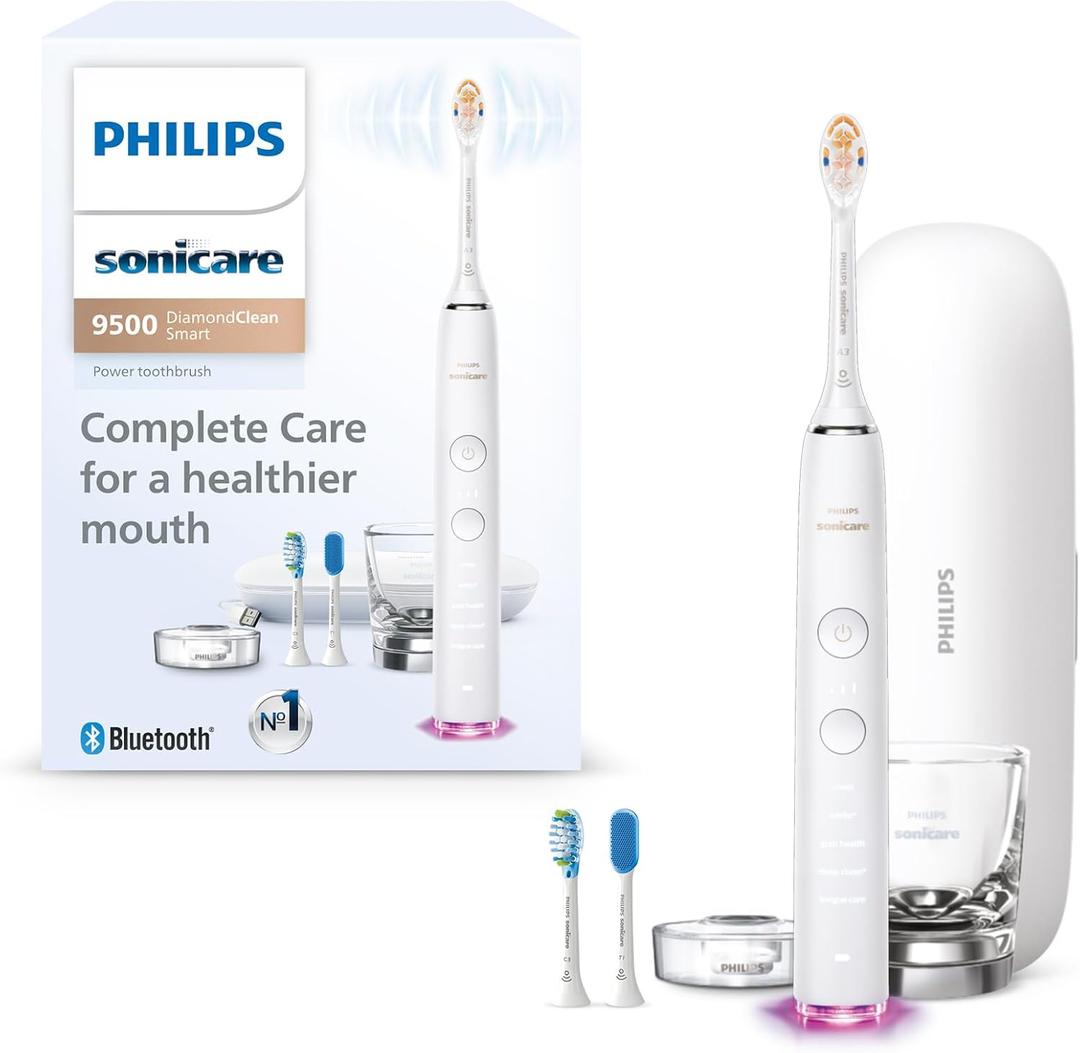 Philips Sonicare DiamondClean Smart 9500 Electric Toothbrush, Sonic Toothbrush with App, Pressure Sensor, Brush Head Detection, 5 Brushing Modes and 3 Intensity Levels, White, Model HX9923/01