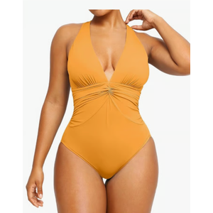 SHAPELLX Tummy Control Swimsuits Women V Neck One Piece Bathing Suit Ruched Push Up Slimming Swimwear Built-in Bra, Size L