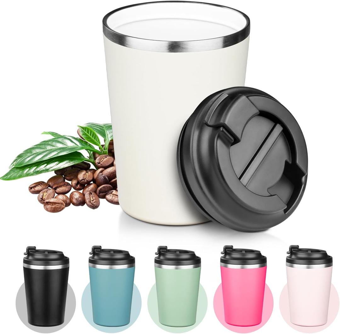 Ceramic Coffee Mug, Ceramic Lined Tumbler, spill proof cup, Double Wall Powder Coated Insulated Coffee Mug, Stainless Steel Cup for Outdoor, Powder Coated Creamy White. (1pcs)