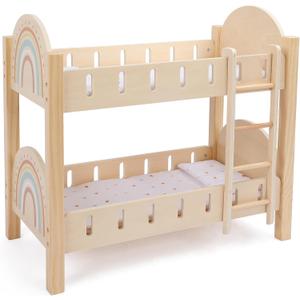 Freniland Wooden Doll Bunk Bed with Ladder & Bedding Two-Level Doll Bed Includes 2 Mattresses & 2 Pillows, Pretend Play Furniture for 18 Inch Dolls