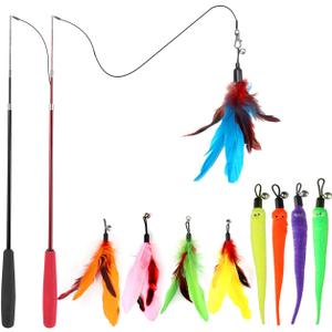 Cat Toys for Indoor Cats, Interactive Cat Toy 2PCS Retractable Wand Toy and 9PCS Cat Feather Toys Refills, Funny Kitten Toys Cat Fishing Pole Toy for Bored Indoor Cats Chase and Exercise