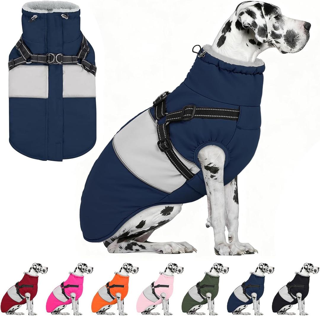 AOFITEE Dog Coat, Large Dog Jacket, Dogs Coat with Harness Built in, Reflective Waterproof Dogs Jackets Winter with Furry Collar, Warm Polar Fleece Pet Sweater Snowsuit for Doberman, Great Dane XXXL (Navy Blue)
