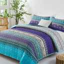 WONGS BEDDING Boho Queen Quilt Set, Blue Purple Bohemian Queen Quilt Bedding Set, Lightweight Microfiber Bed Decor Bedspread for All Season 96"x90"(3 Pieces)