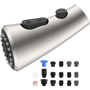 Hibbent Curved Pull Down Kitchen Faucet Head Replacement, 3-Function Kitchen Sink Spray Nozzle with 14 Adapters, Anti-Splash, Compatible with Kohler Bent Faucets, Brushed Nickel