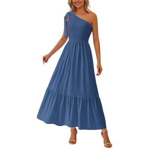PRETTYGARDEN Womens One Shoulder Summer Maxi Dress Smocked Flowy Boho Beach Long Sundress Sleeveless Wedding Guest Dresses (Blue, L)