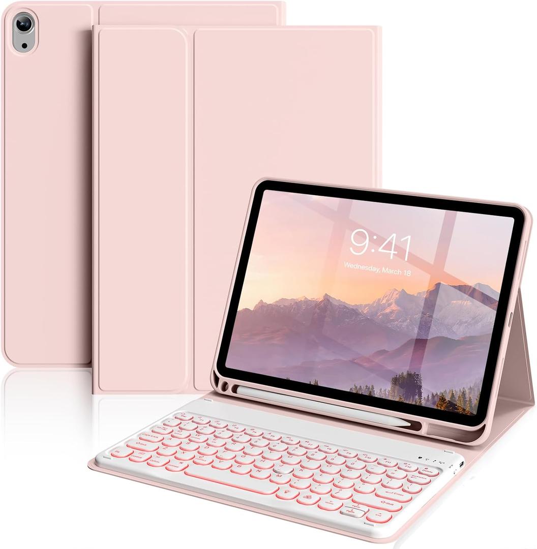 aoub Keyboard Case for iPad (A16) 11th Generation 11-inch 2025, iPad 10th Generation 10.9 inch 2022 with Pencil Holder, 7 Color Backlit Detachable Wireless Bluetooth Keyboard Stand Folio - Pink