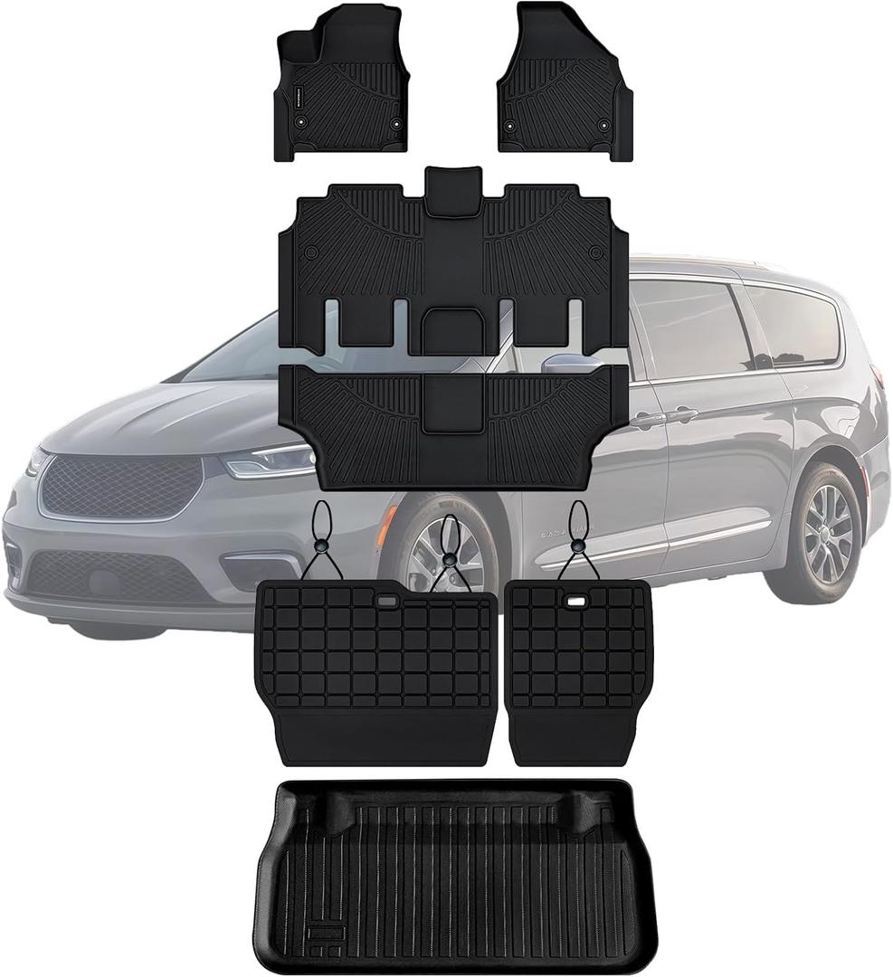 Floor Mats, Trunk Liner & Backrest Mat for 2017-2025 2026 Chrysler Pacifica Gas Touring 7/8 Seat (Non Hybrid & Non Pinnacle) Customized TPE All Weather Car Floor Liners with Backrest Protection Black