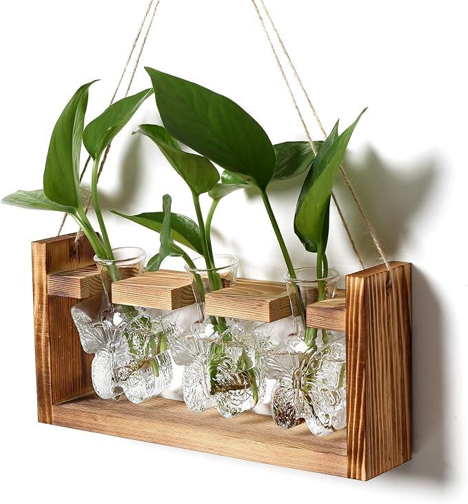 Glass Plant Propagation Station Butterfly Planter Vase with Wooden Stand Birthday Gifts for Women Mom Plant Lovers Office Home Decoration