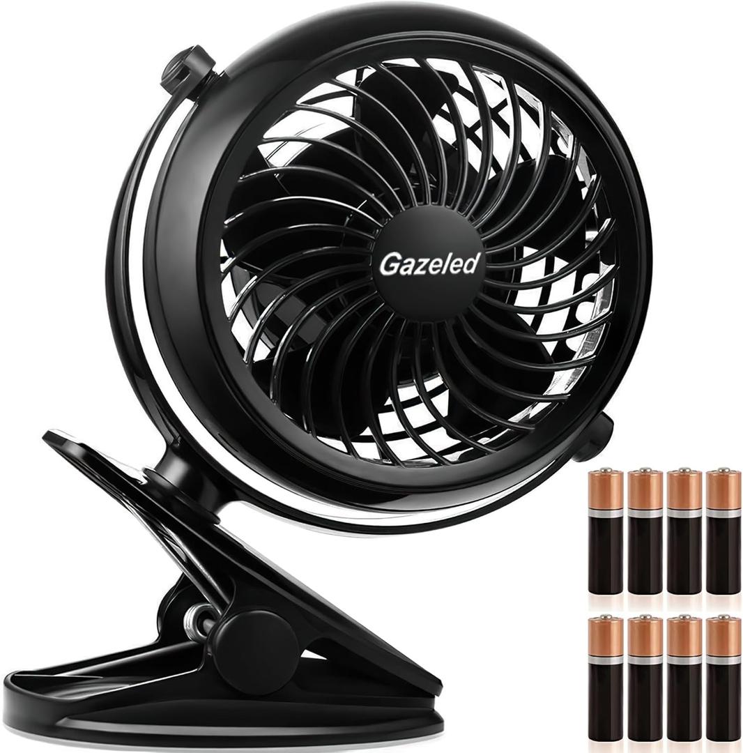 Gazeled Clip on Fan Battery Operated, 360 Rotation, with 8 Free AA Batteries, Quiet USB or Battery Operated Fan, 5'' Portable Battery Powered Clip on Fans for Camping, Stroller, Bedroom, Outdoor