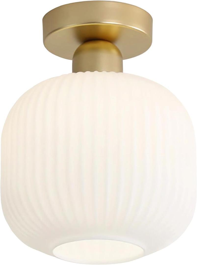KCO Lighting Mid Century Modern Antique Brass Flush Mount Ceiling Light Brushed Gold Milk Glass Semi Flush Mount Ceiling Light Farmhouse Hallway Globe Ceiling Light Fixture, 10.4 inches x 7.8 inches