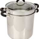 ExcelSteel 12 Qt Multifunction Stainless Steel Pasta Cooker with Encapsulated Base, Vented Glass Lid, and Riveted Silicone Covered Handles