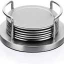 JUXYES Set of 6 Stainless Steel Round Coasters with Holder & Sponge Bottom, Silver Metal Cup Coasters Set Stunning Cool Coaster Cups Mats Decor for Restaurant Kitchen bar Dining Table