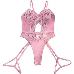 SHENHE Women's Sexy Floral Embroidery Sheer Lace Corset Teddy One Piece Bodysuit Lingerie Set with Garter Straps XL