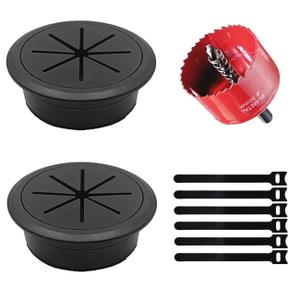 2 Pack Desk Grommet 2 Inch (50 mm), Desk Hole Cover for Cables, Black Desk Cord Hole Cover for Office Home Table, Cable Grommet with 1 Hole Saw Drill Attachment & 6 Cable Ties