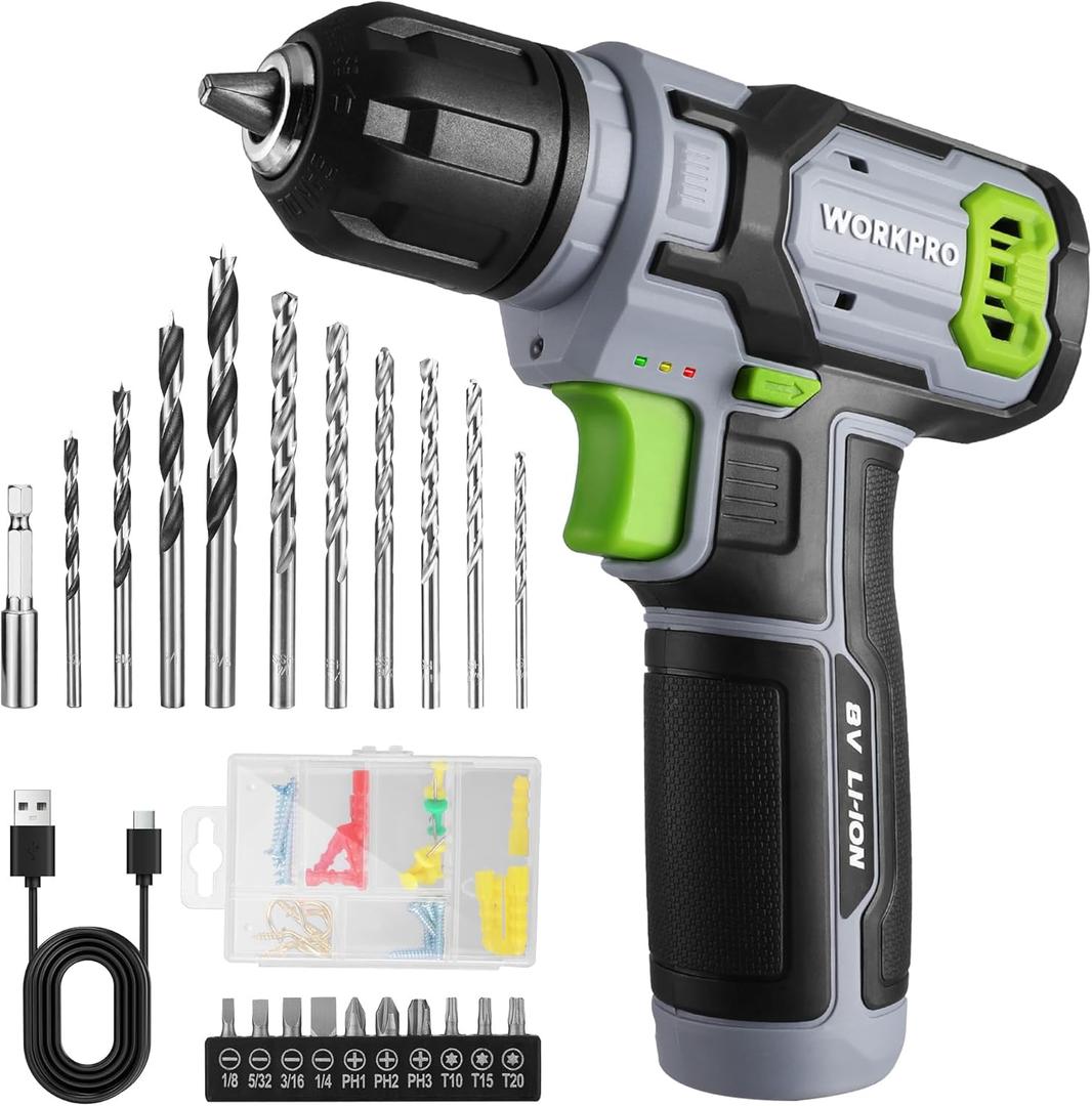 WORKPRO 8V Cordless Drill Driver Kit with 53pcs Bit Set, 2.0Ah Electric Drill with 3/8" Keyless Chuck and Variable Speed Trigger, Portable for Home Improvement, DIY (Grey)