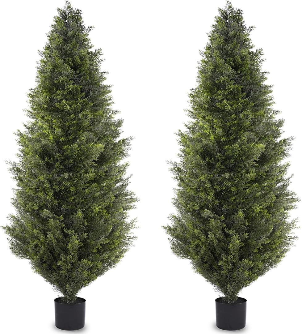 6FT Artificial Cedar Topiary Trees, Set of 2 Realistic Outdoor Indoor Fake Potted Plants with Planter, UV Resistant for Porch, Garden, Balcony, Patio & Office Decor