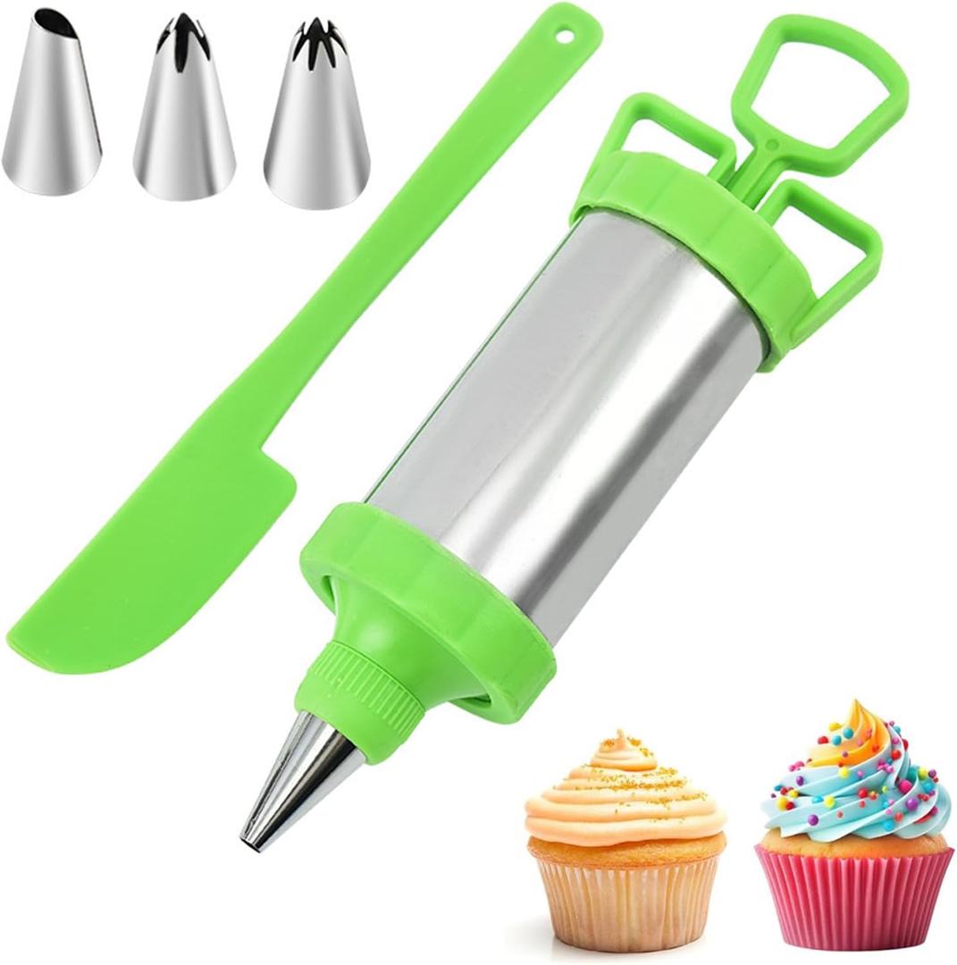 Cake Decorating Kit, Stainless Steel Icing Piping Kit with 4 Piping Tips, Cupcake Decorating Frosting Piping Kit Dessert Decorating Injector Pastry Icing Gun Baking Cookie Decorating Supplies
