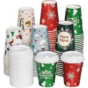 Christmas Disposable Coffee Cups with Lids, 60 Pack 12 Oz To Go Coffee Cups,6 Designs Christmas Coffee Drinking Paper Cups for Hot Chocolate, Hot Cocoa, Xmas Dinner Party