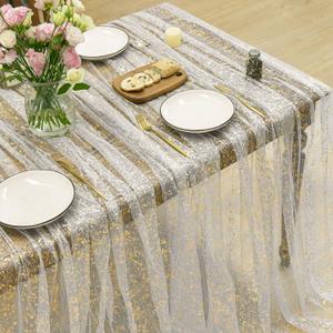 3 x Horaldaily Beige Gold Gauze Tablecloth 60x104 Inch Rectangular, Golden Sequin Glitter Metallic Foil, Sheer Tulle Cheesecloth for Wedding Baby Shower Ceremony Birthday