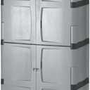Rubbermaid Freestanding Storage Cabinet Five Shelf with Double Doors Lockable Large 690-Pound Capacity Gray For Garage/Outdoor Garden Tools/Toys/Power Tools/Pool Accessories Grey