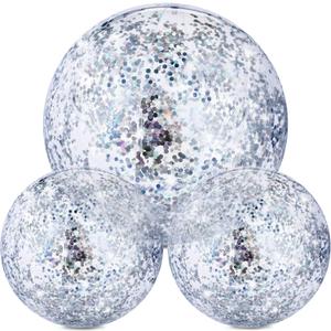 Hsei 3 Pcs Inflatable Beach Ball 16 Inch Glitter Summer Swimming Pool Disco Balls with Confetti Floatable Blow up Toys Decorations for Beach Wedding Outdoor birthday Party Favor(Silver)