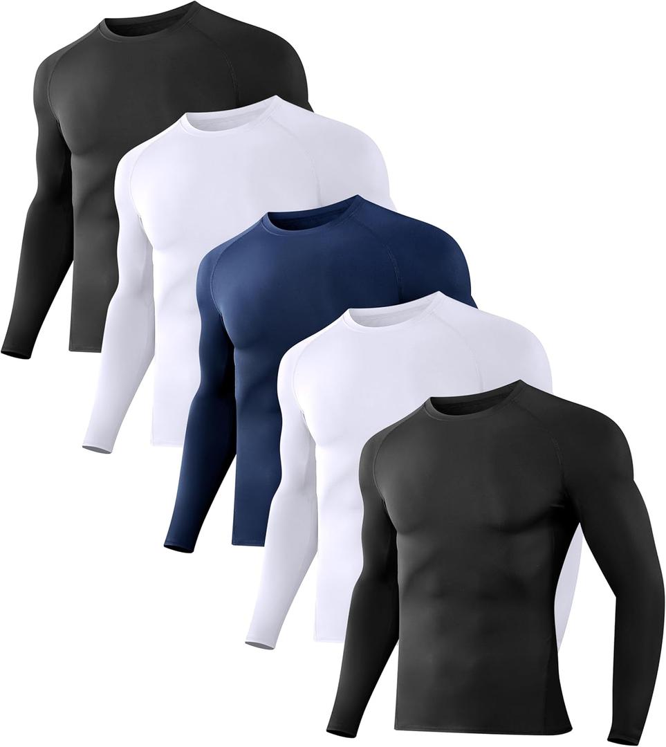 Dalavch 1/5 Pack Mens Compression Shirts Long Sleeve Athletic Workout Rash Guard Gym Active Sports Undershirt Base Layer Top (XX-Large, 2 Black 2 White 1 Blue)