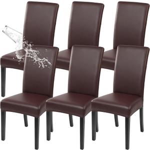 SearchI Waterproof PU Leather Dining Chair Covers Set of 6, Stretch Oilproof Parsons Chair Slipcovers Removable Washable Kitchen Chair Protector for Dining Room (Brown)