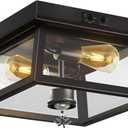 Motion Sensor Outdoor Ceiling Light, Flush Mount Black Porch Ceiling Lights Adjustable 2-Light Fixture with E26 Sockets, Closed Bottom, Glass and Metal for Garage, Patio, Hallway, Farmhouse