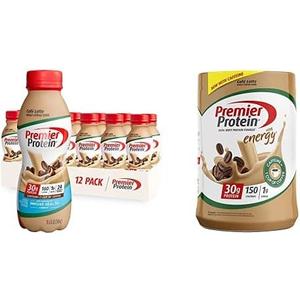 Premier Protein Café Latte Protein Shake, 30g Protein, 1g Sugar, 24 Vitamins & Minerals + Premier Proitein Café Latte, 100% Whey Protein Powder, 30g Protein, 1g Sugar, 17 servings, Pack Of 12 BB 5/18/26