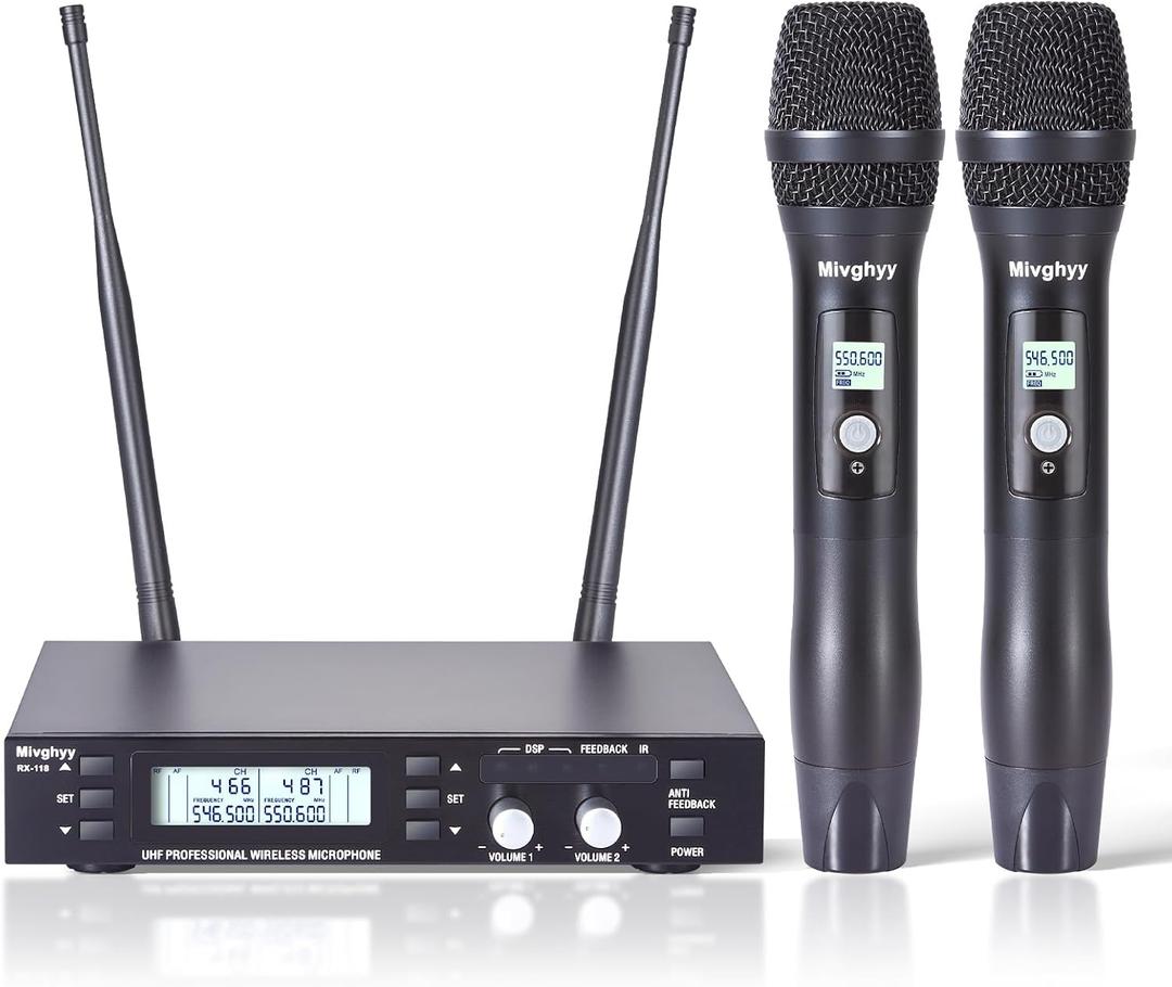 Wireless Microphone System 2 Channels, Metal Dual Professional UHF Cordless Dynamic Handheld Mic for Home Karaoke Singing Church Wedding DJ, 164ft