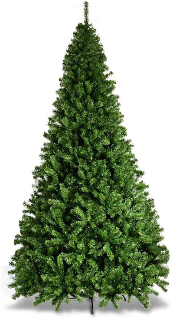 CHEFJOY Artificial Christmas Pine Tree, Unlit Hinged Life-Like Pine Tree with PVC Leaves & Sturdy Metal Base, Easy Setup Full Spruce Xmas Tree for Indoor Outdoor Decoration, Green (9ft)